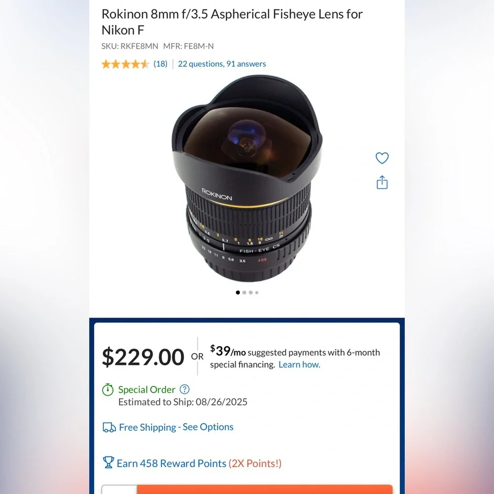 Rokinon 8mm f/3.5 Aspherical Fisheye Lens for Nikon F